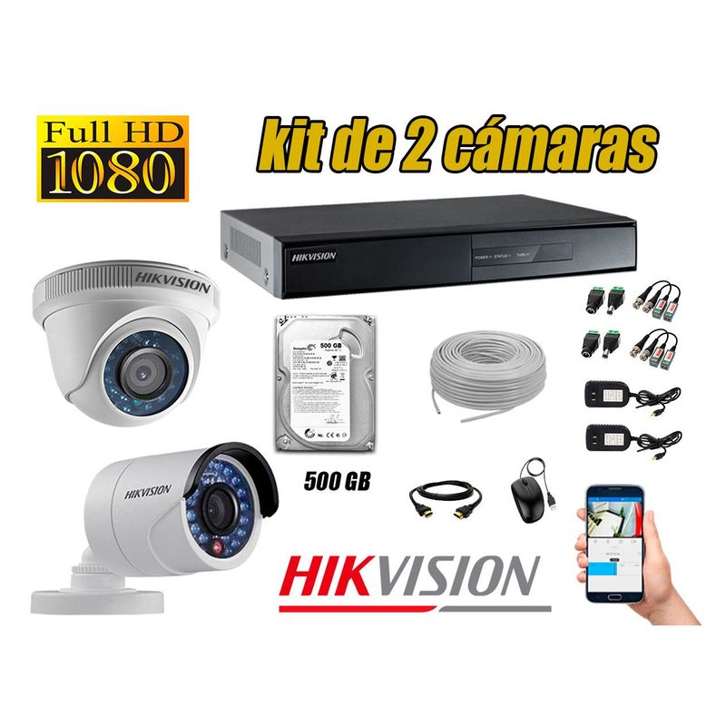 HIKVISION - Kit 2 Cámaras de Seguridad  Full HD 1080p Disco 500GB Vigilancia + Kit de Herramientas Gratis